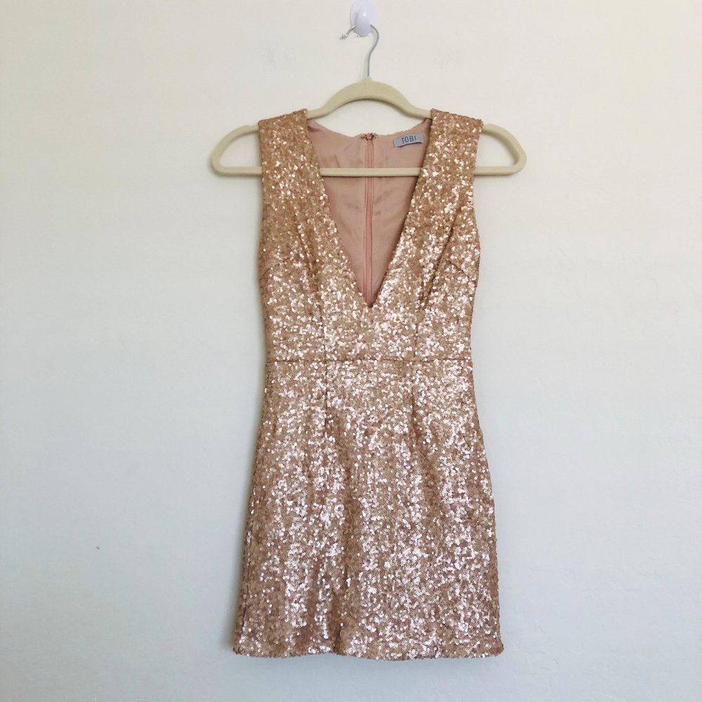 TOBI Gold Sequin Low Neck Mini Dress Size Small